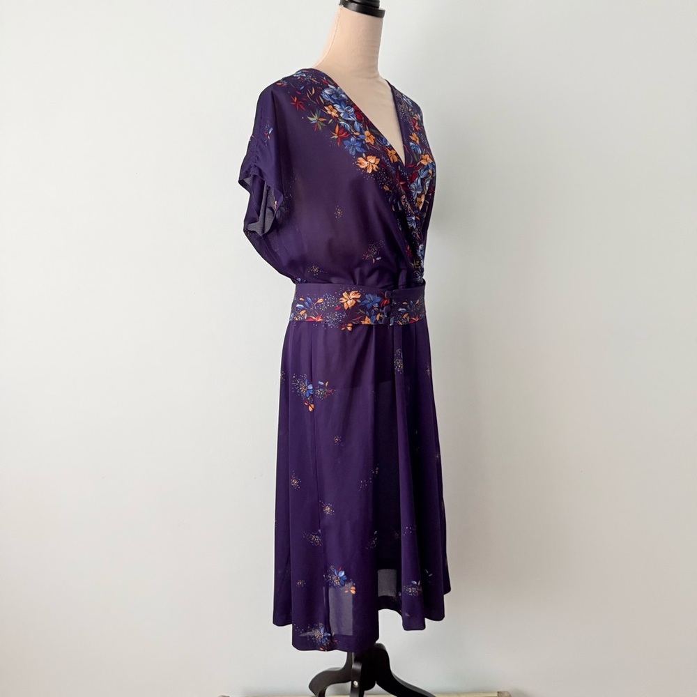 Vintage 1970s It’s A Lehigh Sheer Floral Wrap Midi Dress Purple Boho - Picture 6 of 15